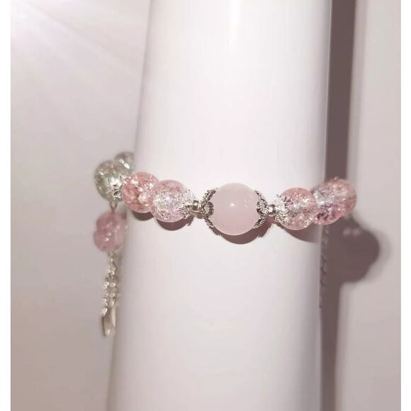 Pink White Wire Bracelet with Rose Dangle #986 - Picture 3 of 5